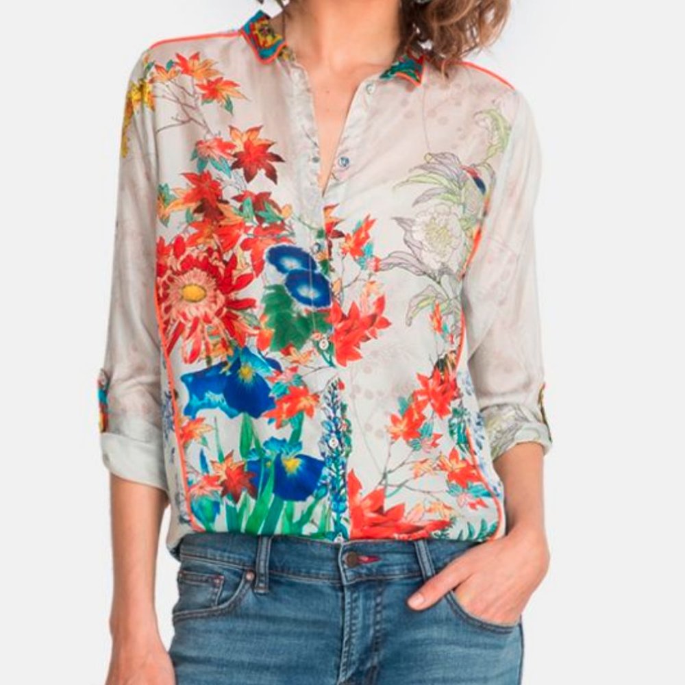 Silk Blouse Floral Long Sleeves (S) - Johnny Was